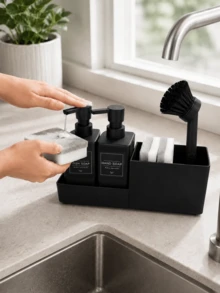 11件套哑光黑色皂液器套装，包含2个350毫升/12盎司塑料按压瓶、洗碗刷、备用泵头和水槽收纳架，适用于厨房、浴室和洗衣房台面。 - 方形雙皂液器 - 查看 10
