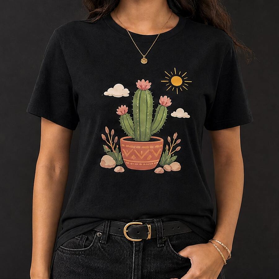 Playera para mujer con estampado de cactus florecido, camiseta dama manga corta cuello redondo, blusa casual femenina, ropa cómoda fresca para verano, playera gráfica juvenil, top con diseño de plantas del desierto, camiseta para outfit diario con jeans short falda o leggings, blusa bonita para paseo vacaciones y casa, regalo para mujer, tallas chica mediana grande, diseño natural mexicano - Negro - Ver 1