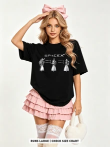 Women's Summer Casual Soft Round Neck Short Sleeve T-Shirt,The Engine Evolution Print Graphic Suits Daily Looks In Spring And Summer.Black - Black - View 1