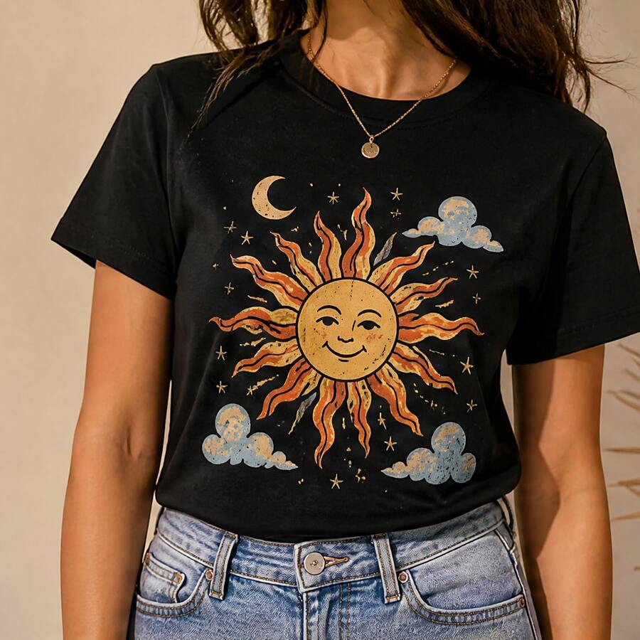 Playera para mujer con estampado de sol, camiseta dama manga corta cuello redondo, blusa casual juvenil, ropa cómoda para primavera verano, playera gráfica para mujer, camiseta con diseño celestial, top femenino para outfit relajado, blusa para jeans falda short, regalo original para mujeres, tallas varias, estilo vintage colorido para uso diario y vacaciones - Negro - Ver 1