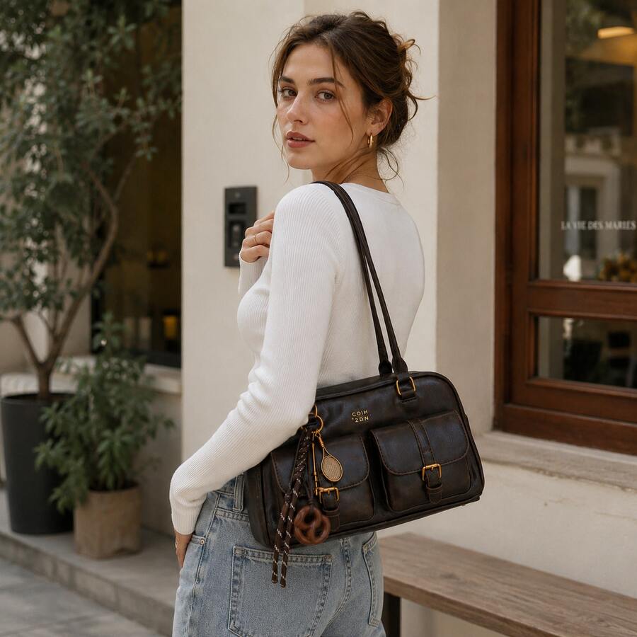 Y2K Arc-Shaped Bowling Bag - Versatile Vegan Leather Crossbody Purse For Day To Night, Holds Phone & Essentials, Perfect For City Outing & Travel - 咖啡棕 - 查看 1