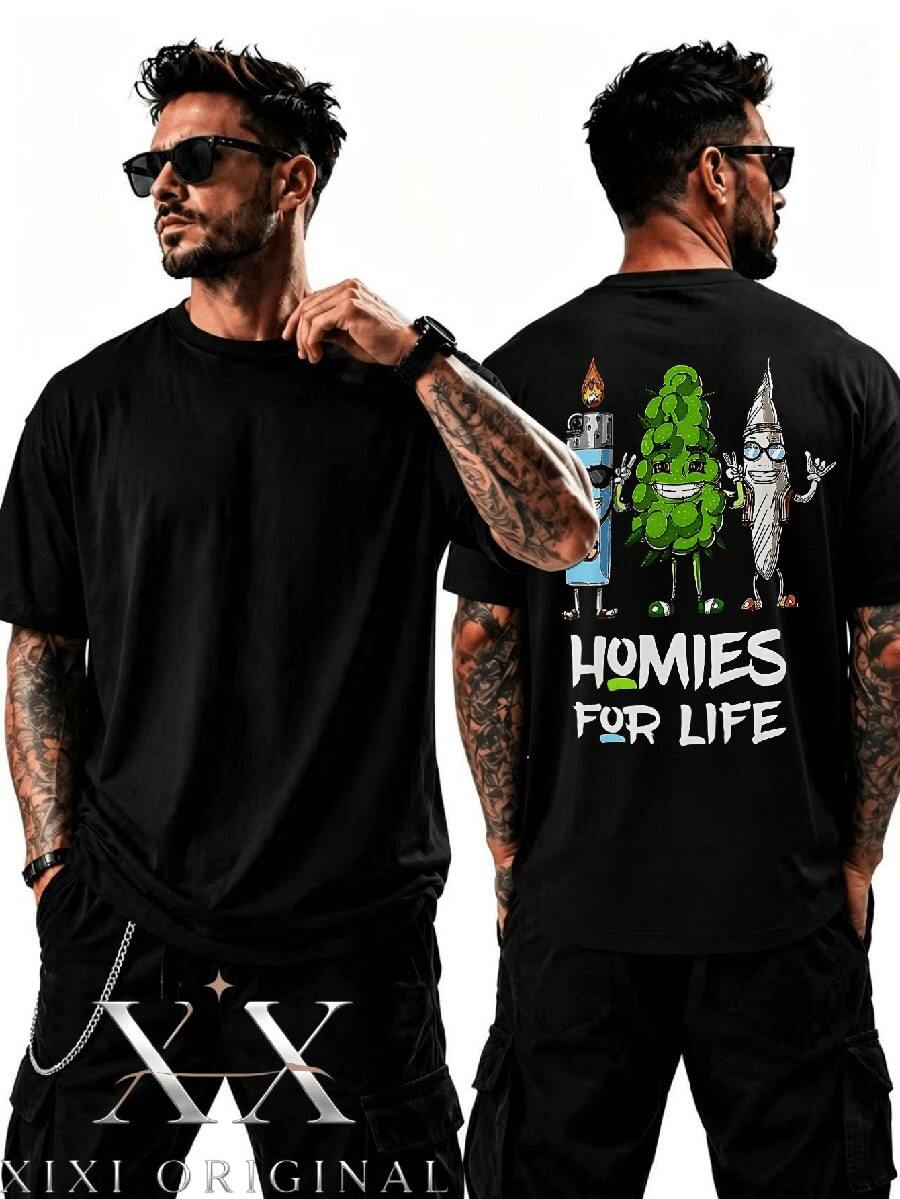 Men's HOMIES For LIFE Graphic T-Shirt - Oversized Casual Tee With Iconic Slogan Print, Round Neck Loose Fit Shirt Suitable For Casual Attire - Black - View 1