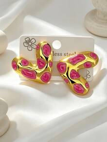 5 Pairs Of Gold-Plated Stainless Steel Earrings, Anti Fading And Anti Allergic, Elegant And High-End Enamel Drip Oil Heart-Shaped Earrings, Suitable For Women's Valentine's Day Wear, Fashionable High-End Jewelry, Suitable For Daily Wear, Vacation And Gift Giving - Multicolor - View 11