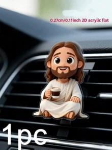 1pc 2D Acrylic Jesus Figurine, Car Air Vent Clip, Funny Jesus Holding Coffee Cup Design, Cute Cartoon Style, Flat Ornament, Suitable For Car Air Vent, Home Office Desk Decor, Car Interior Decoration Accessory, Autumn Decor - Multicolor - View 7