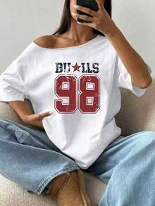 女款復古「Bull 98」印花露肩寬鬆休閒T恤 - 白色 - 查看 3