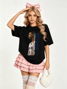 Women's Summer Casual Soft Round Neck Short Sleeve T-Shirt,Basketball Star TM Print Graphic Suitable For Spring And Summer Wear. - Black - View 1