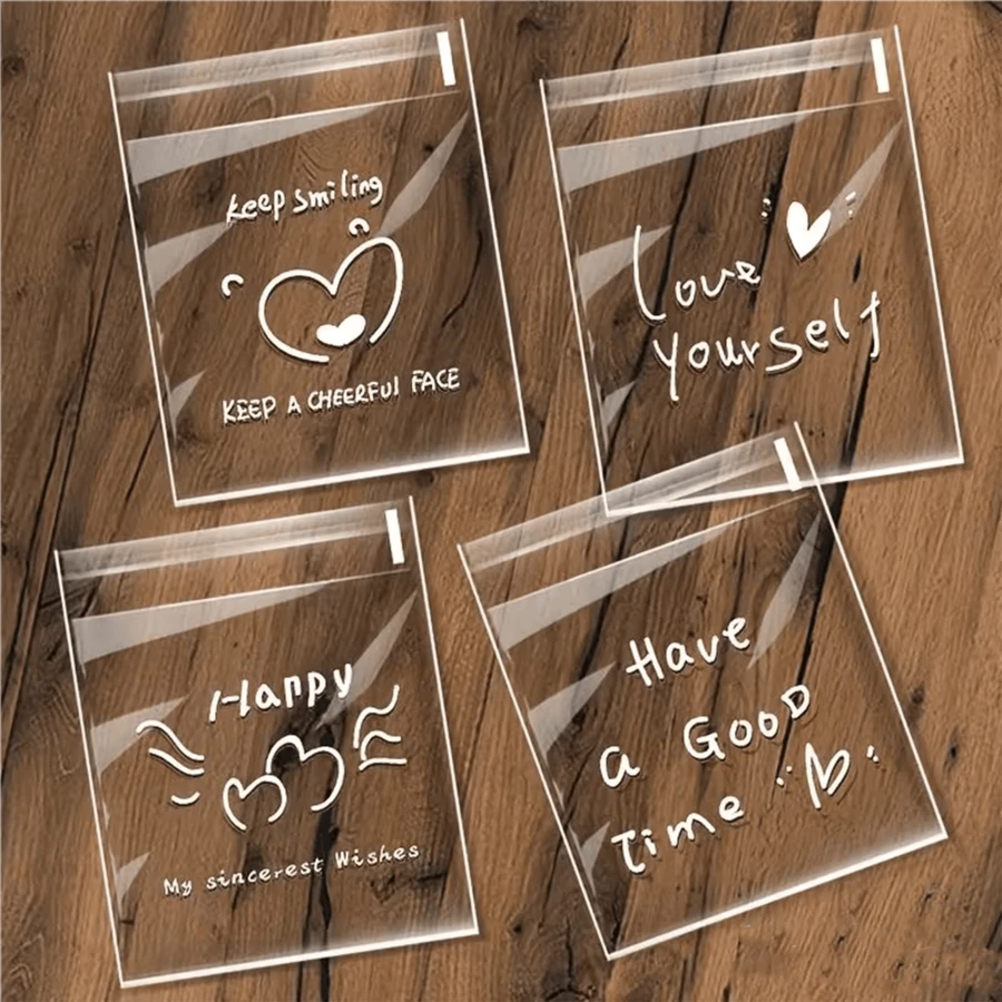 100/200pcs, Transparent Heart 4-In-1 Self-Adhesive Bags, Letter Pattern Packaging Bags, The Perfect Choice For Small Gift Wrapping, Party Favor Gift Bags - Clear - View 1