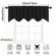 1/2/3/4 pièces, rideaux de fenêtre en polyester de style luxe européen à haute précision, bord inférieur en vague en forme de S, décoration de franges à pompons, doux et lisse, décoration d'intimité, lavable, conception de poche pour tringle, convient pour la décoration de fenêtre du salon, de la chambre, de la cuisine - Noir - Voir 10
