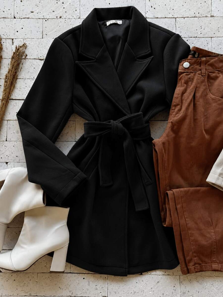 Women's Overcoat With Belt, Thick Boiled Wool, Winter, Long Sleeve - Negro - Ver 1