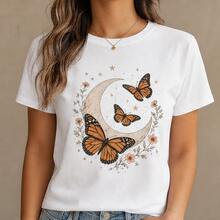 Playera para mujer estampado mariposa monarca y luna, camiseta femenina manga corta, blusa casual para dama, top juvenil con diseño celestial, ropa de mujer cómoda, camiseta cuello redondo, playera aesthetic para diario, blusa ligera de primavera verano, regalo para amante de mariposas, outfit casual, prenda para vacaciones, paseo, escuela y fin de semana - Blanco - Ver 1