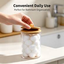 Fully Upgraded Tbestmax 10 Oz Cotton Swab/Ball/Pad Holder With Vanity Tray, Qtip Apothecary Jar, Bathroom Containers Dispenser Storage 3 Pack Wood Lids - Phiên bản nâng cấp mới - Xem 2