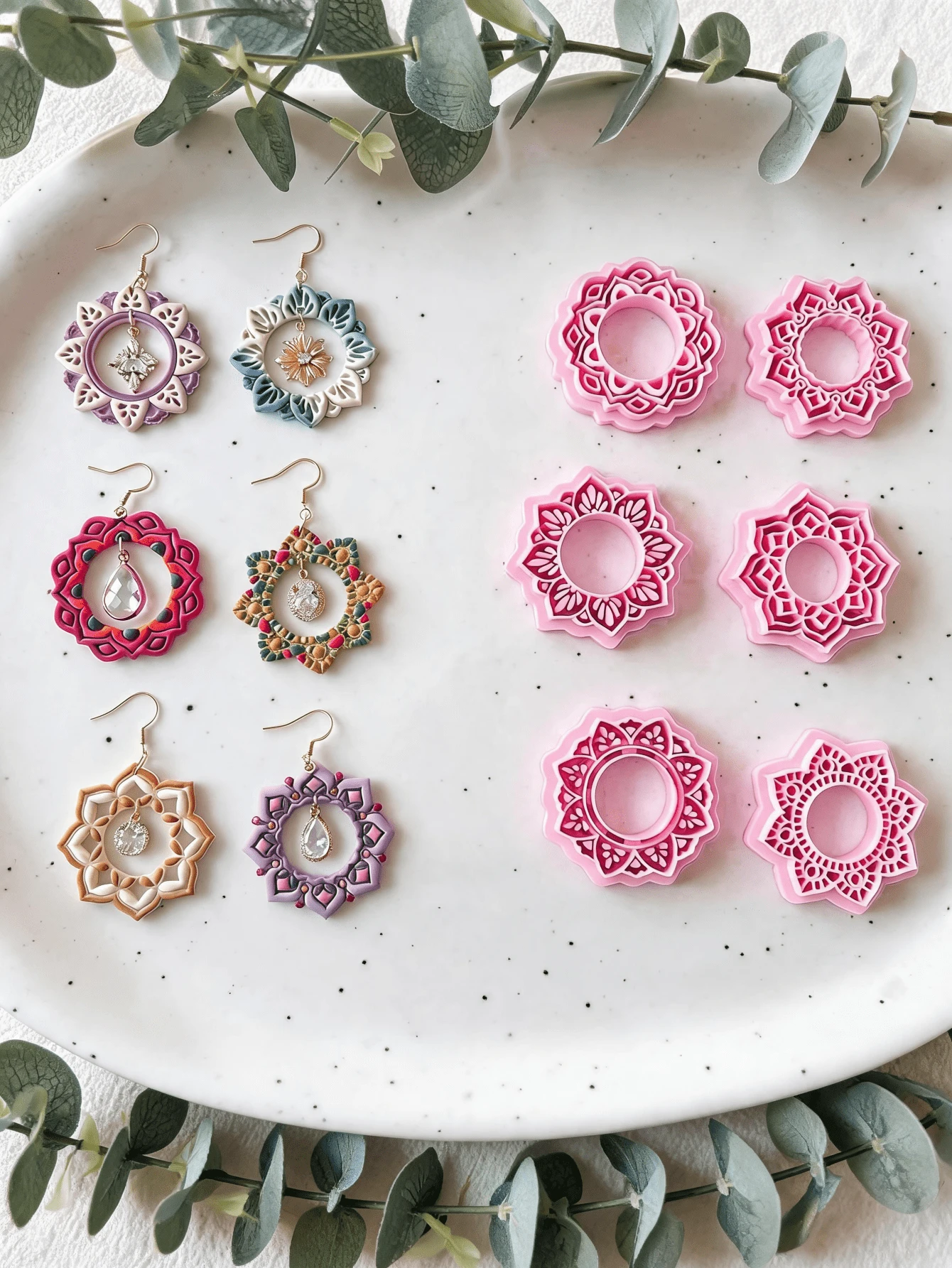 Bohemian Mandala And Floral Clay Cutters, Polymer Clay Tools For DIY Intricate Pattern Earrings, Pendants And Jewelry Making, Suitable For Beginners And Artists, All-Season Craft Supplies, Perfect For Bohemian Style And Creative Projects - Pink - View 1