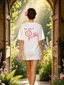 Women's Soft And Casual Short-Sleeved Crew Neck T-Shirt, Red With Fun Graphic Print "Plz Use It" For Spring And Summer Wear. - 白色 - 查看 1