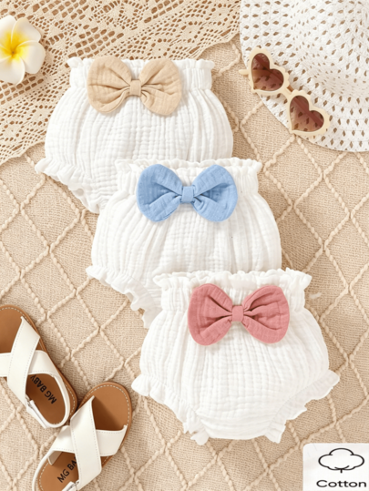 3pcs/Set, Baby Girl, Casual Elegant Fashion, Soft And Comfortable, Contrast Color Bow Decor Ruffle Shorts, Baby Girl Clothing, Bottoms, Shorts, Toddler Girl Clothing, Toddler Shorts, Suitable For Summer Daily Wear, Party, Vacation, Photo, Outdoor Activities
