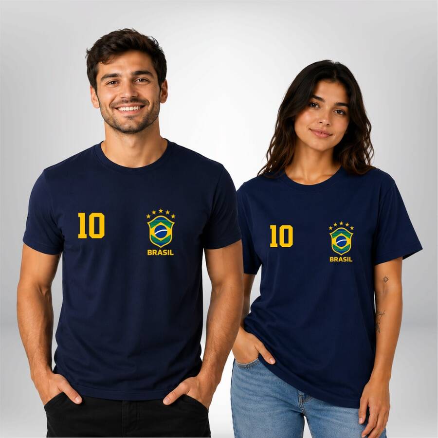 Kit Of 2 Brazil 10 World Cup Couple T-Shirts, Unisex, 100% Cotton - 海軍藍 - 查看 1
