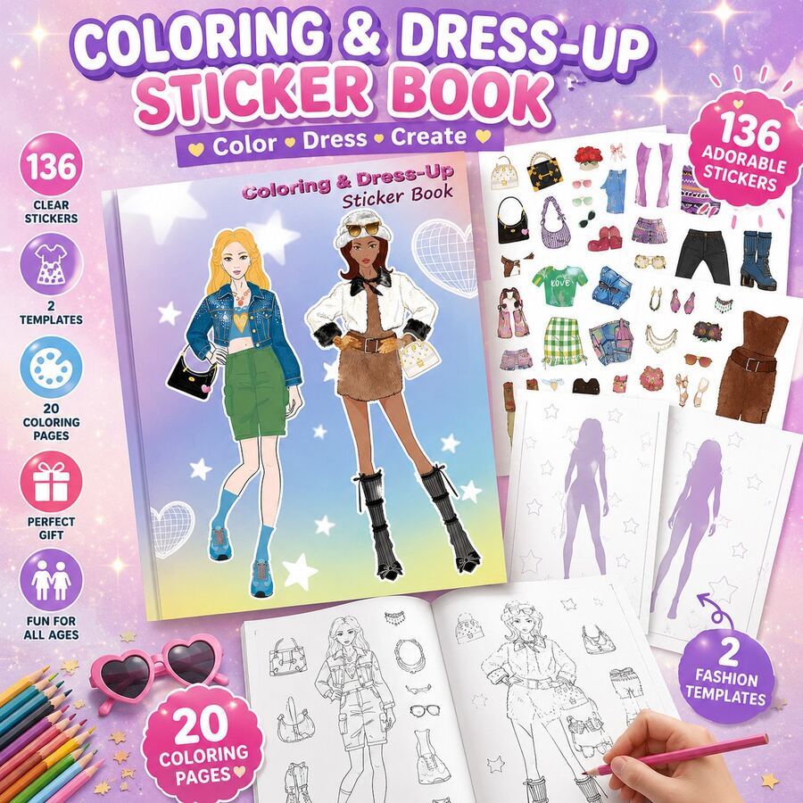 8pcs/Set DIY Fashion Design Sticker Book, 4 Sheets Stickers, 1 Book, 2 Templates, Travel Activity, Birthday Gift, Halloween, Christmas, Back To School, College Style - Multicolor - View 1