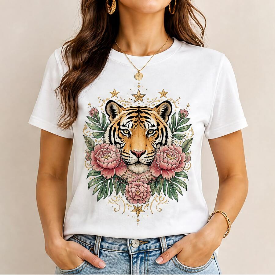 Playera para mujer estampada con tigre floral, camiseta femenina de manga corta cuello redondo, blusa casual suave con diseño animal y flores, ideal para outfit juvenil, diario, vacaciones, concierto, paseo o reunión informal, regalo para mujer con estilo atrevido, tallas chicas a plus size, top cómodo para combinar con jeans, shorts, falda o pantalón negro - Blanco - Ver 1