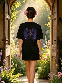 Women's Summer Casual Soft Round Neck Short Sleeve T-Shirt,Pink Lightning Wings Print Graphic Suitable For Spring And Summer Wear. - Negro - Ver 1