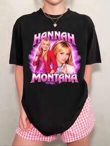 HannahM-Montana Rosa Lightning Bolt Rundringad T-shirt - Mångsidig Sommar - Svart - Visa 1