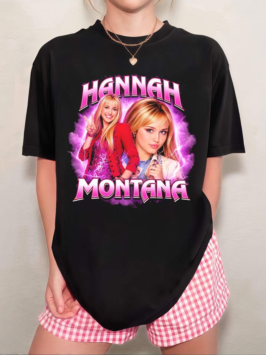 HannahM-Montana Rosa Lightning Bolt Rundringad T-shirt - Mångsidig Sommar - Svart - Visa 1