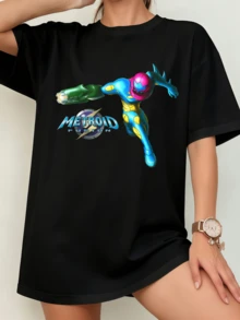 Unisex Metroid Fusion Samus Aran Action T-Shirt, Retro Video Game Fan Art - Black - View 8