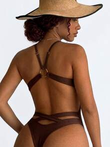 Women's Swimsuit With Deep V-Neck, Thin Straps, Open Back, Thong-Style Bottom. - Rust Brown - View 2
