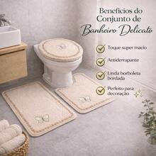 Bathroom Mat Set 3 Pieces Delicato Non-Slip Soft Plush Washable Various Colors - 乳霜 - 查看 5