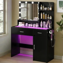 White Vanity Desk With Mirror And Lights, Vanitys With Glass Top & Power Outlet, Dressing Table With 36 Lighting Modes Brightness Adjustable RGB Drawers, For Women Girls Bedroom - Black - View 10