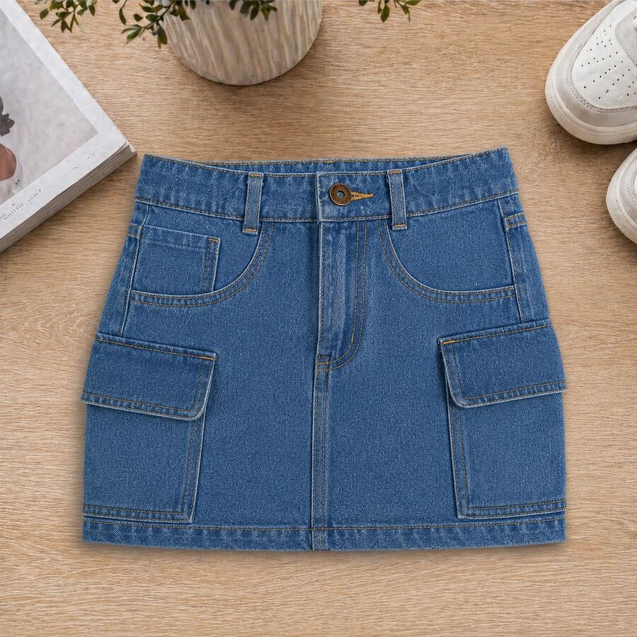 Graphite Cargo Denim Skirt With Side Pockets - Teal Blue - View 1