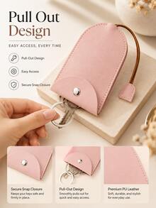 Pull Out Key Case PU Leather Keychain Pouch, 1pc Large Capacity Car Key Holder Organizer With Snap Fastener & Rope Strap, Cute Mini Portable Pull Type Key Bag Cover Sleeve Protector For Purse Backpack, Key Fob Case For Men Women, Gift - A - View 3
