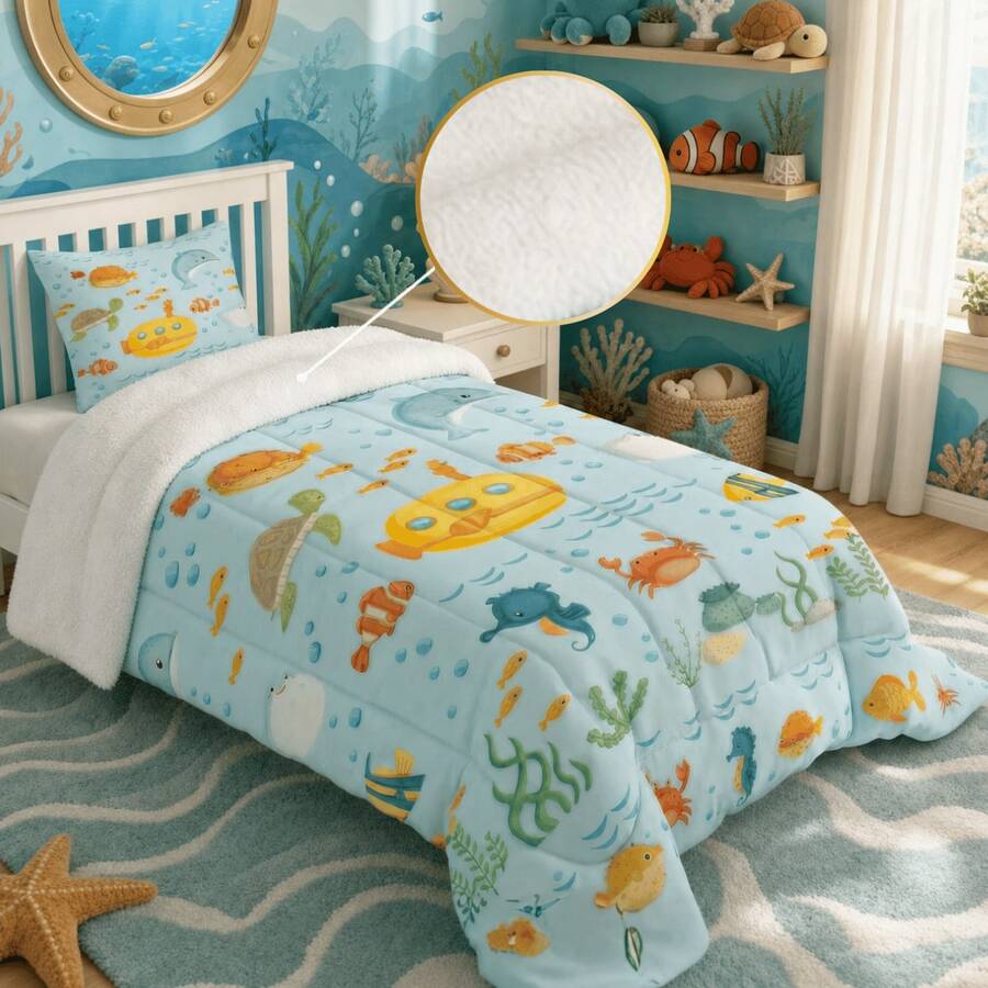 Single Size 2-Piece Children's Comforter Set, 400 Thread Count Premium Double-Sided Printed, Thick, Soft And Warm - Seabed - View 1