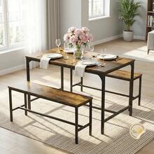 Dark Brown Rectangular Dining Set With 2 Benches For 4 People, Plain Design - Black - View 4