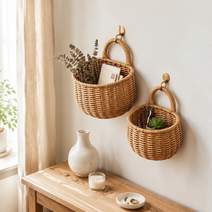 2pcs Wall-Mounted Storage Baskets (Large + Small), Includes 2 Hooks | Hand-Woven Bohemian Style Storage Baskets, Stackable, Suitable For Kitchen, Bathroom And Cosmetic Organization | High-Quality Rustic Home Decor - Multicolor - View 1