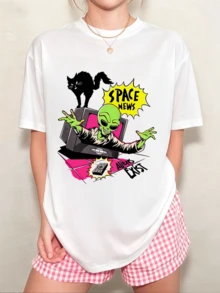 Unisex T-Shirt With An Alien Theme, "Space News", Versatile Neutral Style - White - View 8