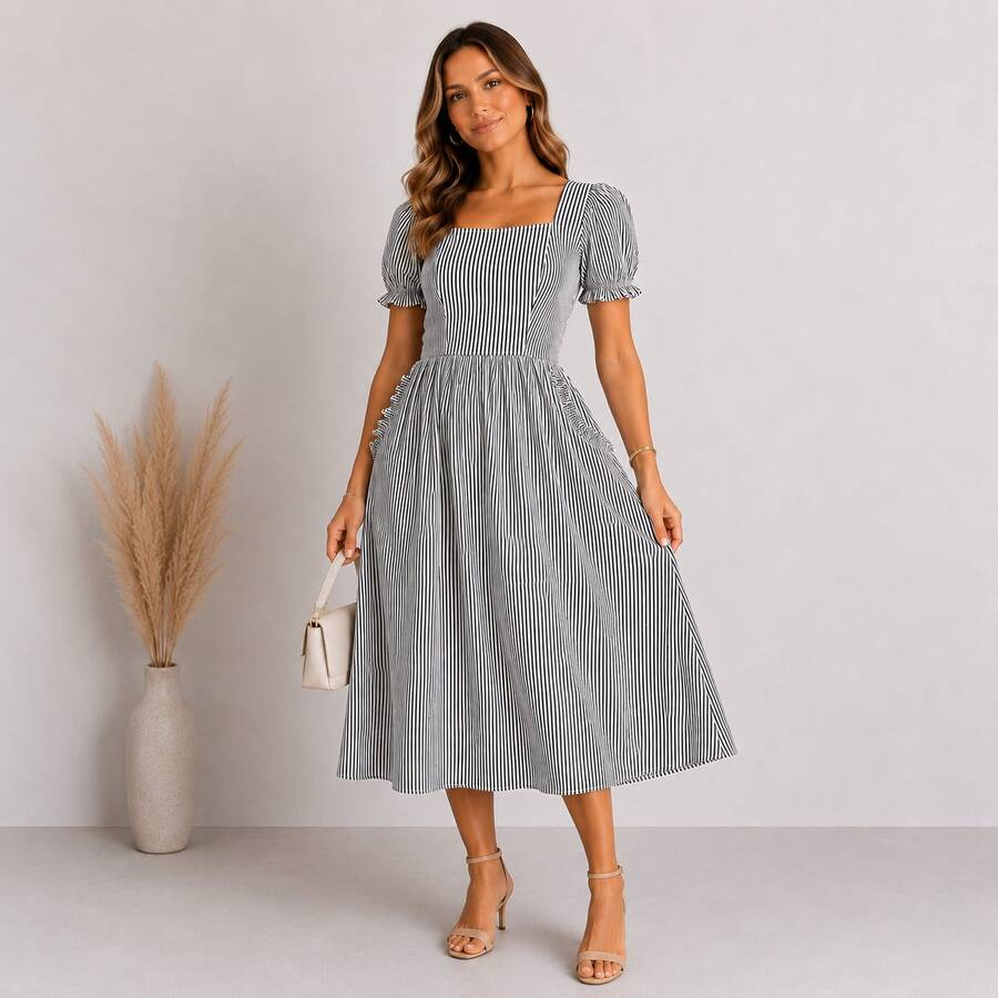 Elegant Evangelical Crepinho Midi Dress With Premium Puff Sleeve 2026 Winter - Black - View 1
