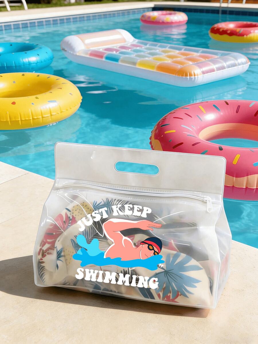 Just Keep Swimming 印花透明托特包,便攜式游泳裝備收納袋 - 堅固的拉鍊袋可用於存放泳衣和海灘用品,防水海灘包,女性透明泳池托特包,體育場認可的游泳、健身、度假和日常使用海灘包,給游泳愛好者和海灘愛好者的完美禮物 - 彩色 - 查看 1