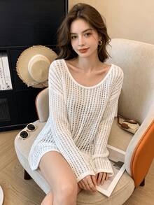 Women's Boho Vintage White Crochet Hollow Out Long Sleeve Round Neck Crop Cover Up, Semi-Sheer Vacation Romantic Style Top - Màu trắng - Hình tròn - Xem 5