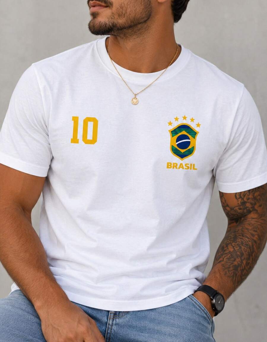 Men's Oversized Brazil T-Shirt, World Cup 2026, Brazilian National Team Shirt, Number 10, Football Print, Casual Streetwear Shirt, 100% Premium Cotton, Fashionable T-Shirt, Brazil Fan Color, Green And Yellow, Unisex, - trắng - Xem 1