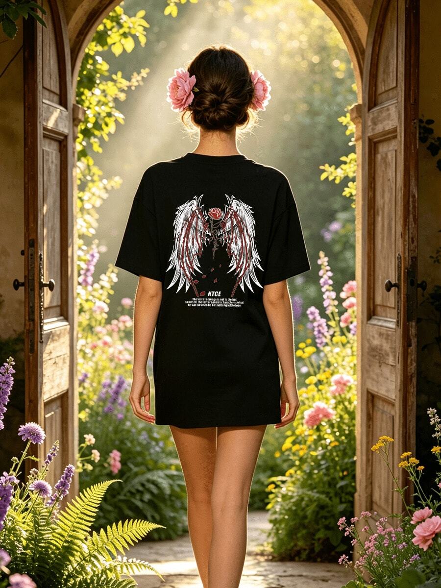 Women's Summer Casual Soft Round Neck Short Sleeve T-Shirt,Rose Wings Print Graphic Suitable For Casual Spring And Summer Wear. - Negro - Ver 1