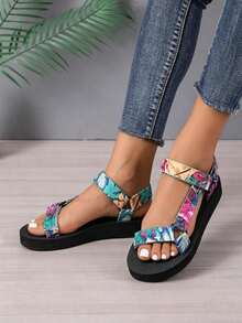 Neue Damensandalen für den Sommer, bohemianischer tropischer Pflanzendruck mit Klettverschluss offene Zehenpartie, bequeme flache Strandschuhe, lässige Urlaubsfußbekleidung für Frauen - Blau - Übersicht 13
