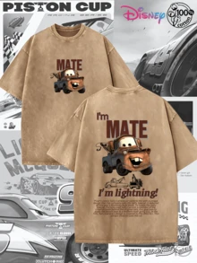 Disney IP Collaboration Cars Lightning McQueen Print Men's T-Shirt With Crew Neck And Short Sleeves, Relaxed Fit! Summer Clothing For Men, Cotton T-Shirt With Graphic Print, Suitable For Everyday Wear, Leisure And Sports. - 咖啡棕 - 查看 3