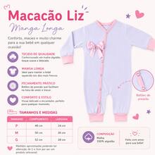 Baby Love Macacão Bebê Menina Manga Longa Malha 100% Algodão Com Laço Delicado Confortável Antialérgico - Branco - Visão 3