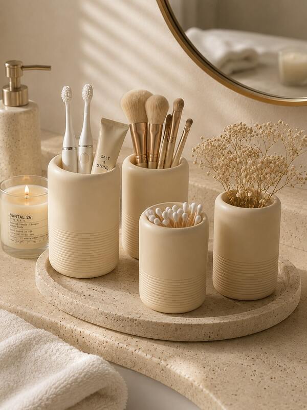 Matte Resin Multi-Use Storage Cup, Neutral Home Organizer, Decorative Vase & Holder For Bathroom, Bedroom, Office, Perfect For Toothbrushes, Makeup Brushes, Stationery, Cotton Swabs, Boho Chic Home Decor, Sleek & Functional Daily Use Organizer