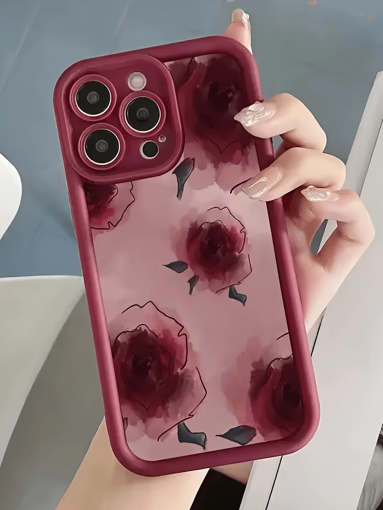 1個酒紅墨紅玫瑰個性化圖案全包覆TPU防震手機殼,適用於Apple 17 16 15 14 13 12 11 Pro Max及系列 - 彩色 - 查看 1