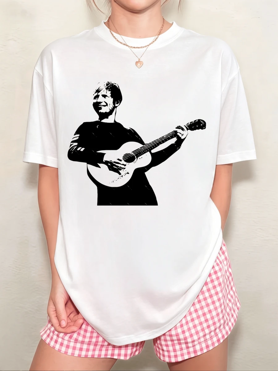 Unisex T-Shirt With Ed Sheeran Guitar Silhouette In Black And White, American Retro Style - White - View 1