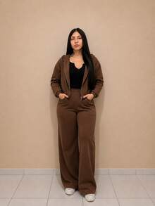 Comfortable Tracksuit Set With Metal Zipper, Long Sleeves And Wide-Leg Pants With Pocket. - 鏽棕色 - 查看 3