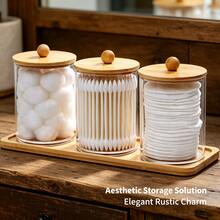 Fully Upgraded Tbestmax 10 Oz Cotton Swab/Ball/Pad Holder With Vanity Tray, Qtip Apothecary Jar, Bathroom Containers Dispenser Storage 3 Pack Wood Lids - Phiên bản nâng cấp mới - Xem 5