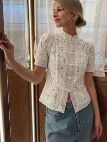 Spring/Autumn Elegant White Lace Crochet Floral Stand Collar Fitted Blouse, Fashion Commuter Top With Design Sense, French Romantic Style Summer - White - View 3