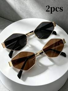 2pcs Summer Fashion Eyeglasses Set, Retro Polygon Metal Frame Decorative Glasses, Unisex Streetwear, Daily Commute, Photo Prop - 2pcs Diamond Ash and Diamond Tea - View 8