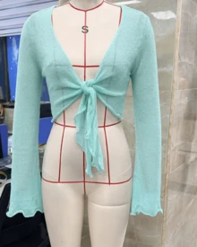 Women's Tie Front Shrug Bell Long Sleeve Bolero Lightweight V Neck Cardigan Sweater Cover Up - 白色 - 查看 3